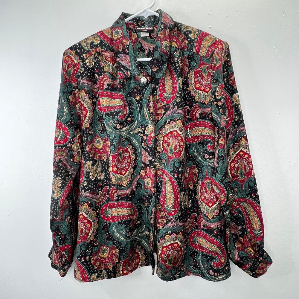 Vintage Notations Woman Satin Paisley Blouse 18W Black Green Red Christmas